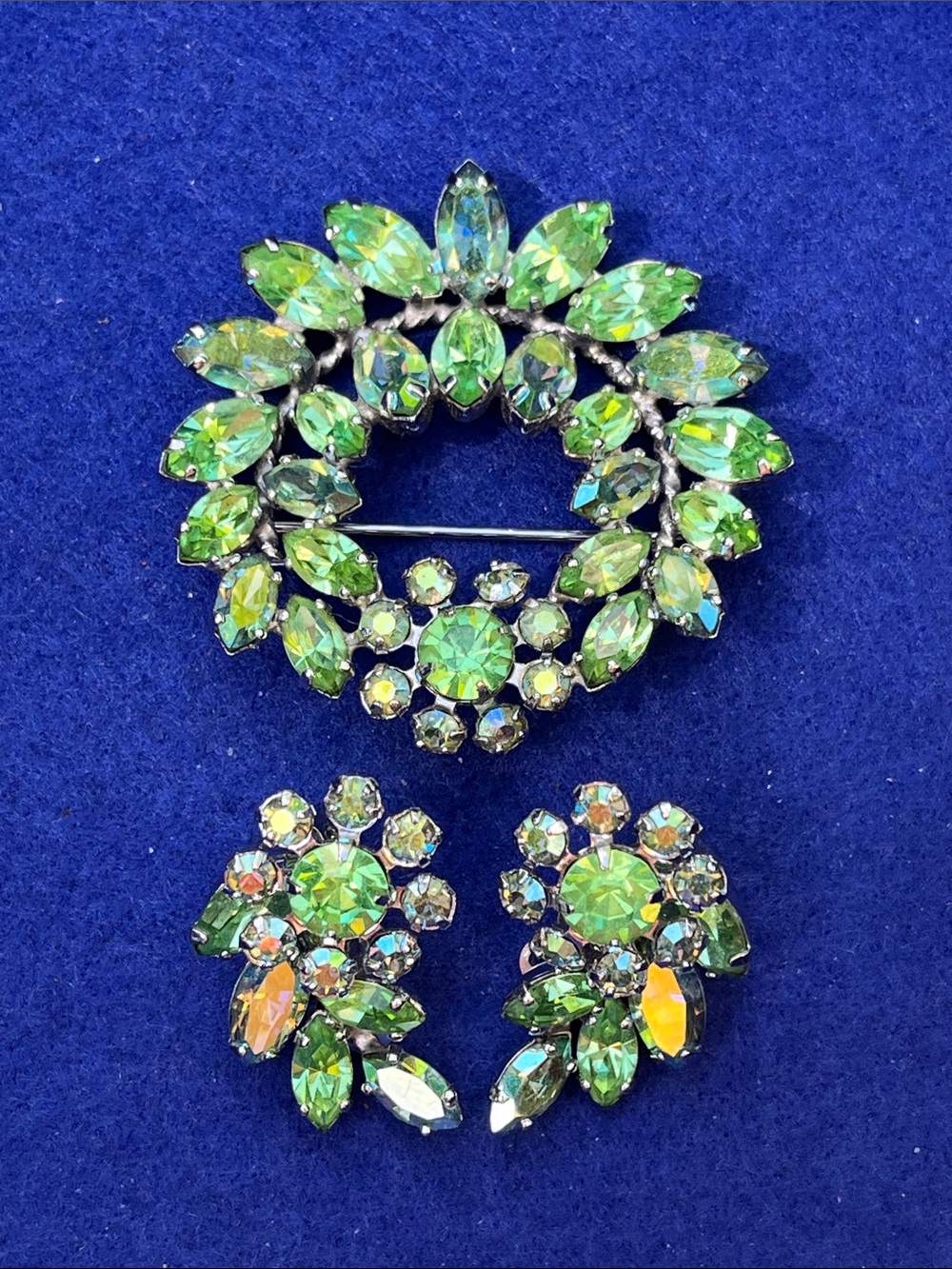 Vintage Sherman Green Rhinestone Wreath Brooch and Earrings Set Signed 1960s